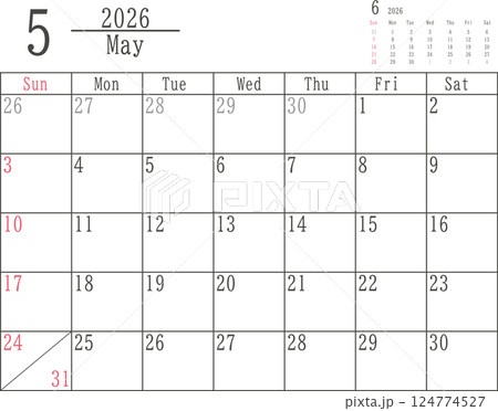 日曜だけ色付きのシンプルな2026年5月のマンスリーカレンダー素材 124774527