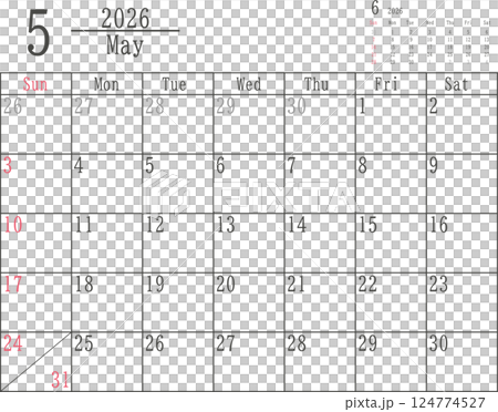 Simple monthly calendar material for May 2026 with Sundays in color only 124774527