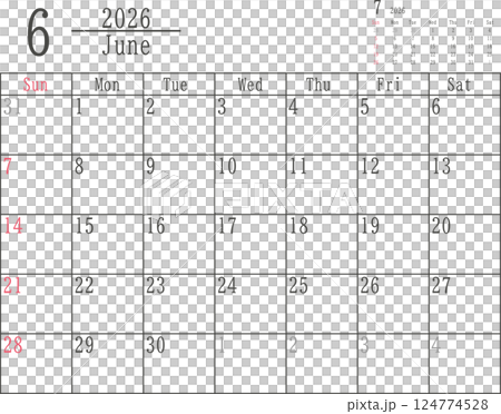 Simple monthly calendar material for June 2026 with Sundays in color only 124774528