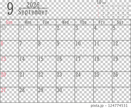 Simple monthly calendar material for September 2026 with Sundays colored only 124774531