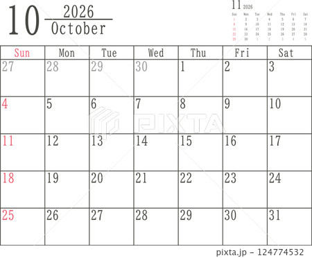 日曜だけ色付きのシンプルな2026年10月のマンスリーカレンダー素材 124774532