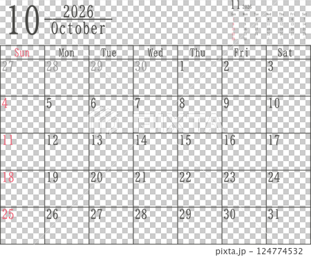 日曜だけ色付きのシンプルな2026年10月のマンスリーカレンダー素材 124774532