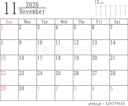 日曜だけ色付きのシンプルな2026年11月のマンスリーカレンダー素材 124774533