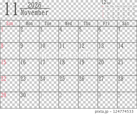 日曜だけ色付きのシンプルな2026年11月のマンスリーカレンダー素材 124774533