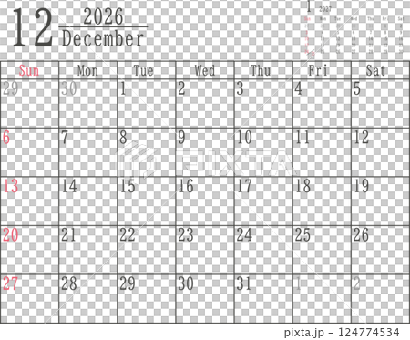 2026 年 12 月的簡單月曆材料，僅星期日有顏色 124774534