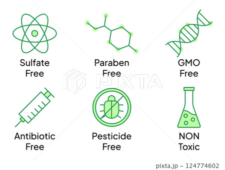 Cosmetic icons. Sulfate, paraben, gmo, antibiotic and pesticide free, non toxic. Cosmetic icons. Sulfate, paraben, gmo, antibiotic and pesticide free, non toxic. 124774602