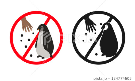 Do not feed penguins, hand offering food to a penguin, forbidden sign. 124774603