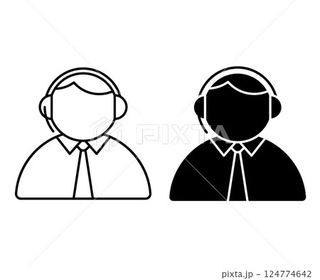 Linear icon. Call center customer service operator with wireless headset on head. Emergency telephone service employee. Simple black and white vector isolated on white background 124774642