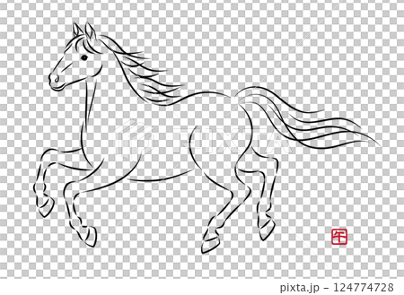 走っている美しい白馬のイラスト 墨絵風でお洒落な午年の年賀状素材 ベクター 124774728