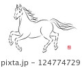 走っている美しい白馬のイラスト 墨絵風でお洒落な午年の年賀状素材 ベクター 124774729