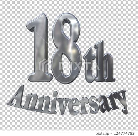 3DCG文字「18th Anniversary/18周年マークキラキラ」シルバー,銀 124774782