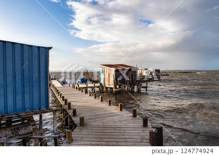 Traditional fishermen wooden jetties Cais Palafitico on Carrasqueira, Alcacer do Sal, Setubal, Portugal Traditional fishermen wooden jetties Cais Palafitico on Carrasqueira, Alcacer do Sal, Setubal, Portugal 124774924