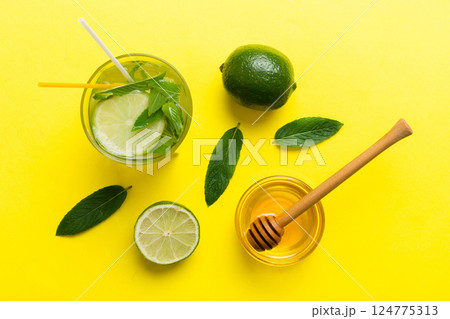 Caipirinha, Mojito cocktail, vodka or soda drink with lime, mint and straw on table background. Refreshing beverage with mint and lime in glass top view flat lay Caipirinha, Mojito cocktail, vodka or soda drink with lime, mint and straw on table background. Refreshing beverage with mint and lime in glass top view flat lay 124775313