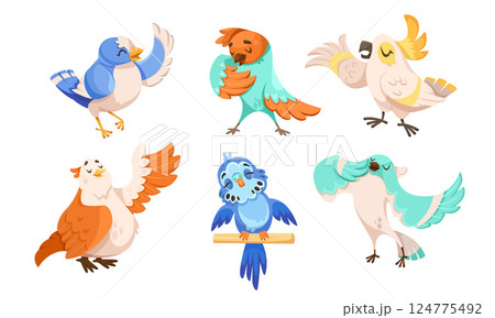 Cute Bird with Feathers Singing Song Vector Set Cute Bird with Feathers Singing Song Vector Set 124775492