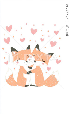 Cute fox couple embracing surrounded by hearts background, St Valentines Day postcard 124775648