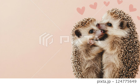 Hedgehogs hugging with hearts on soft pastel background, St Valentines Day postcard 124775649
