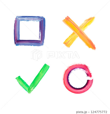 Square, check mark, circle and cross drawn with brush. Vector 124775772