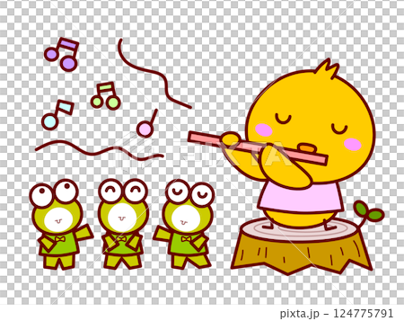 フルートを吹くひよこと歌うカエル 124775791