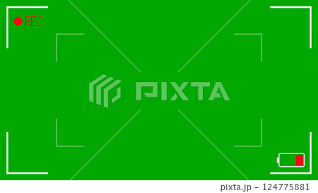 Camcorder screen interface with low battery signal. Pixel art camera viewfinder interface retro video game style. Videotape recording with green background, vector. 124775881