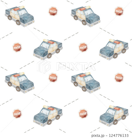 Pattern police car with eyes, road signs, stop symbol. Watercolor illustration, print children's on isolated background for textile design fabric, packaging, printing, wallpaper, baby clothes, holiday 124776133