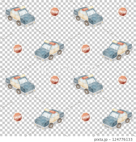 Pattern police car with eyes, road signs, stop symbol. Watercolor illustration, print children's on isolated background for textile design fabric, packaging, printing, wallpaper, baby clothes, holiday 124776133