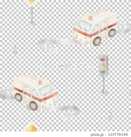 Watercolor pattern ambulance, car rescue service. Illustration transport, road sign, traffic light. Seamless print cartoon style background for design, fabric, baby clothes, textile, cards, wallpaper Watercolor pattern ambulance, car rescue service. Illustration transport, road sign, traffic light. Seamless print cartoon style background for design, fabric, baby clothes, textile, cards, wallpaper 124776140