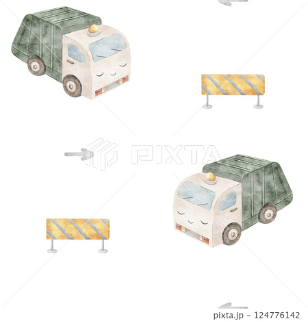 Pattern garbage truck, car character with eyes. Watercolor illustration of funny transport, children's print on background for textile design, fabric, packaging, print, wallpaper, clothes, holiday 124776142