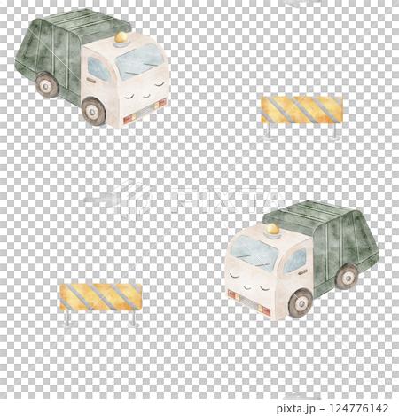 Pattern garbage truck, car character with eyes. Watercolor illustration of funny transport, children's print on background for textile design, fabric, packaging, print, wallpaper, clothes, holiday 124776142