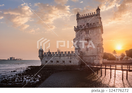 Belem Tower on the bank of the Tagus River on sunset. Lisbon, Portugal Belem Tower on the bank of the Tagus River on sunset. Lisbon, Portugal 124776272