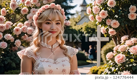 バラとドレスの女性 124776444