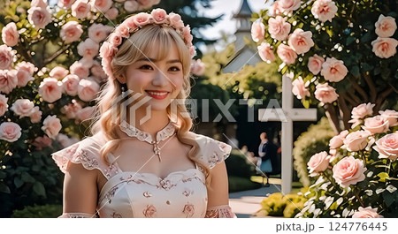 バラと笑顔のドレスの女性 124776445
