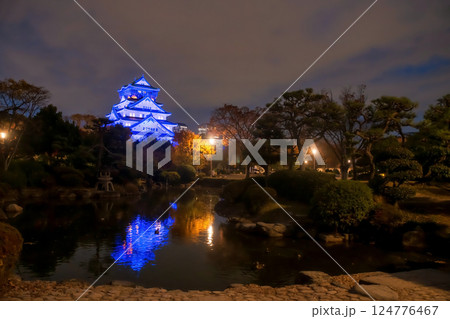 Osaka castle blue light up at night with garden and pond in autumn Osaka castle blue light up at night with garden and pond in autumn 124776467