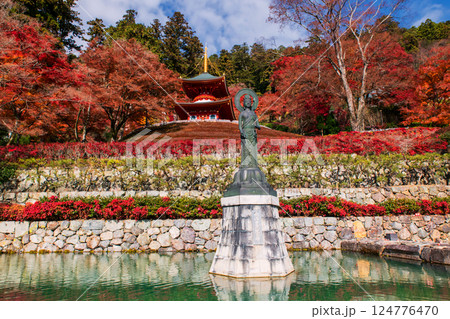 Guanyin statue by autumn folaige garden and pagoda of Katsuo-ji temple 124776470