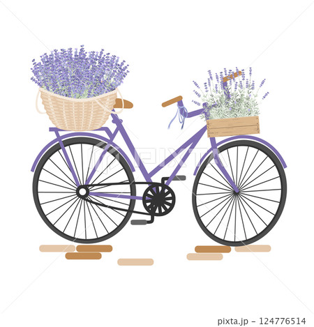 Bicycle with lavender baskets. Retro Provence design element. Isolated vector illustration. 124776514