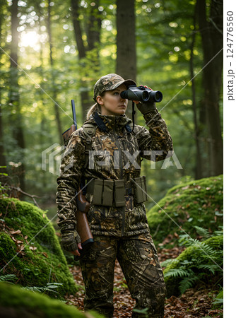 Woman in camouflage looking through binoculars in a forest 124776560