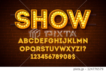 Light Bulb Alphabet with Yellow Frame Box and Shadow on Vintage Brick Wall Background. Glowing Retro Vector Font Collection with Shiny Bright Lights. ABC and Number Design for Casino, Night Club or 124776579