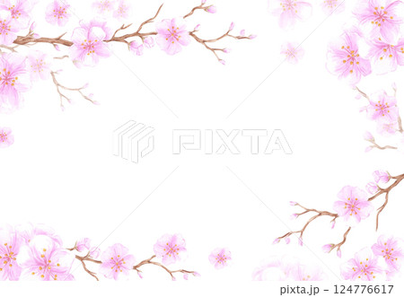 Hand drawn watercolor cherry blossom branch frame border. Illustration of flowers isolated on white background. Can be used for business card, scrapbook and other printed products. Hand drawn watercolor cherry blossom branch frame border. Illustration of flowers isolated on white background. Can be used for business card, scrapbook and other printed products. 124776617