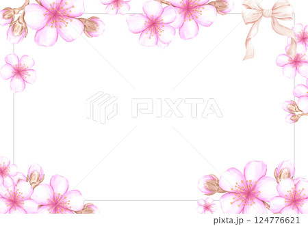 Hand drawn watercolor cherry blossom branch frame border. Illustration of flowers isolated on white background. Can be used for business card, scrapbook and other printed products. 124776621
