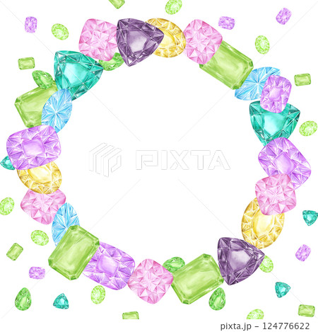 Hand drawn watercolor gemstones wreath frame border isolated on white background. Can be used for cards, scrapbook and other printed products. Hand drawn watercolor gemstones wreath frame border isolated on white background. Can be used for cards, scrapbook and other printed products. 124776622