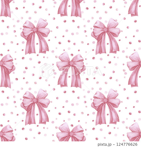 Hand drawn watercolor red bow with confetti seamless pattern isolated on white background. Can be used for textile, fabric scrapbook and other printed products. 124776626
