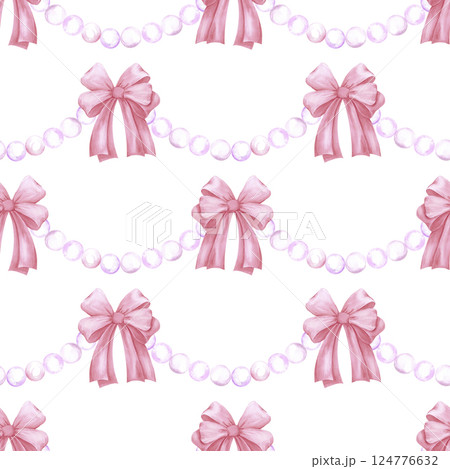 Hand drawn watercolor red bow with pearls seamless pattern isolated on white background. Can be used for textile, fabric scrapbook and other printed products. Hand drawn watercolor red bow with pearls seamless pattern isolated on white background. Can be used for textile, fabric scrapbook and other printed products. 124776632