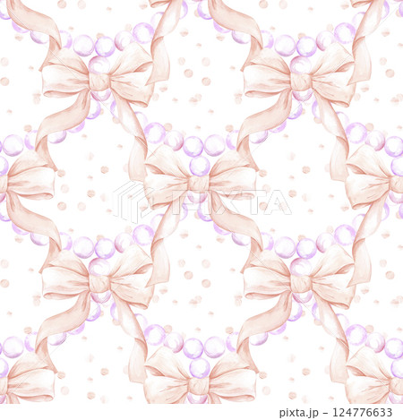 Hand drawn watercolor pink bow pearls and confetti seamless pattern isolated on white background. Can be used for textile, fabric scrapbook and other printed products. 124776633