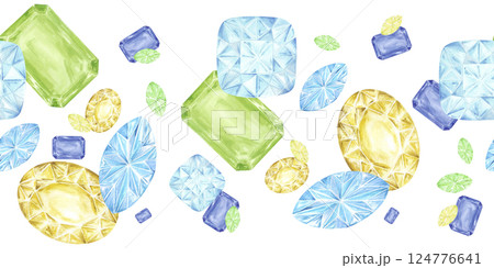 Hand drawn watercolor gemstones Aquamarine zircon peridot seamless border isolated on white background. Can be used for textile, postcard, scrapbook and other printed products. 124776641