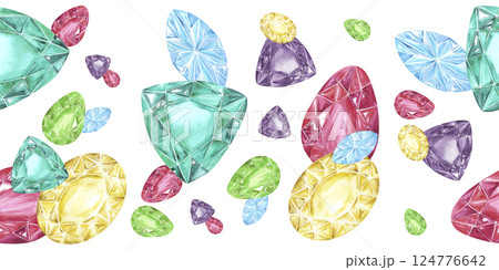 Hand drawn watercolor gemstones Aquamarine zircon peridot ruby seamless border isolated on white background. Can be used for textile, postcard, scrapbook and other printed products. Hand drawn watercolor gemstones Aquamarine zircon peridot ruby seamless border isolated on white background. Can be used for textile, postcard, scrapbook and other printed products. 124776642