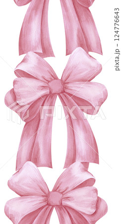 Hand drawn watercolor red bows seamless border isolated on white background. Can be used for textile, postcard, scrapbook and other printed products. 124776643