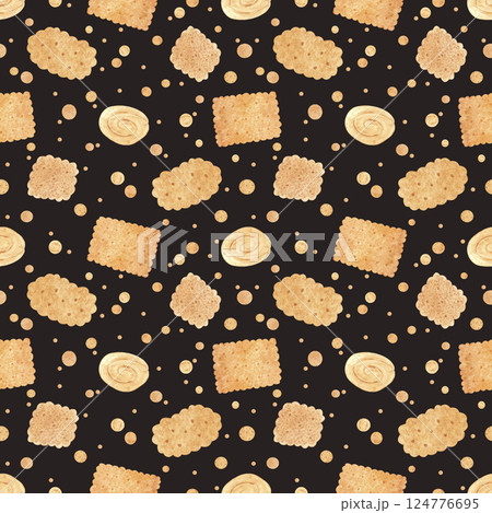 Hand drawn watercolor biscuits with confetti seamless pattern isolated on dark background. Can be used for textile, fabric, scrapbook and other printed products. 124776695