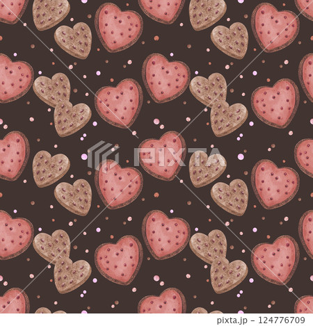 Hand drawn watercolor heart biscuits with confetti seamless pattern isolated on dark background. Can be used for textile, fabric, scrapbook and other printed products. 124776709