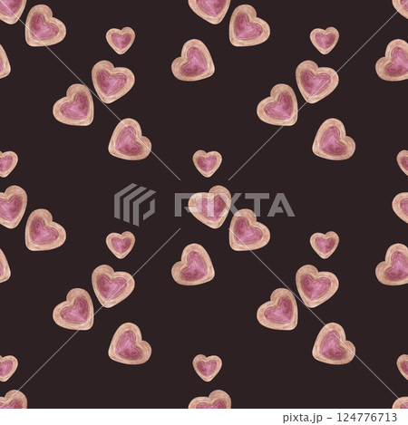 Hand drawn watercolor heart biscuits with jam seamless pattern isolated on dark background. Can be used for textile, fabric, scrapbook and other printed products. Hand drawn watercolor heart biscuits with jam seamless pattern isolated on dark background. Can be used for textile, fabric, scrapbook and other printed products. 124776713