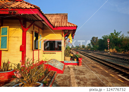 Classic train station against blue sky in Sa Kaeo city, Thailand 124776732