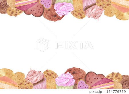 Hand drawn watercolor bakery frame border. Illustration of food isolated on white background. Can be used for postcard, album, scrapbook and other printed products. 124776739